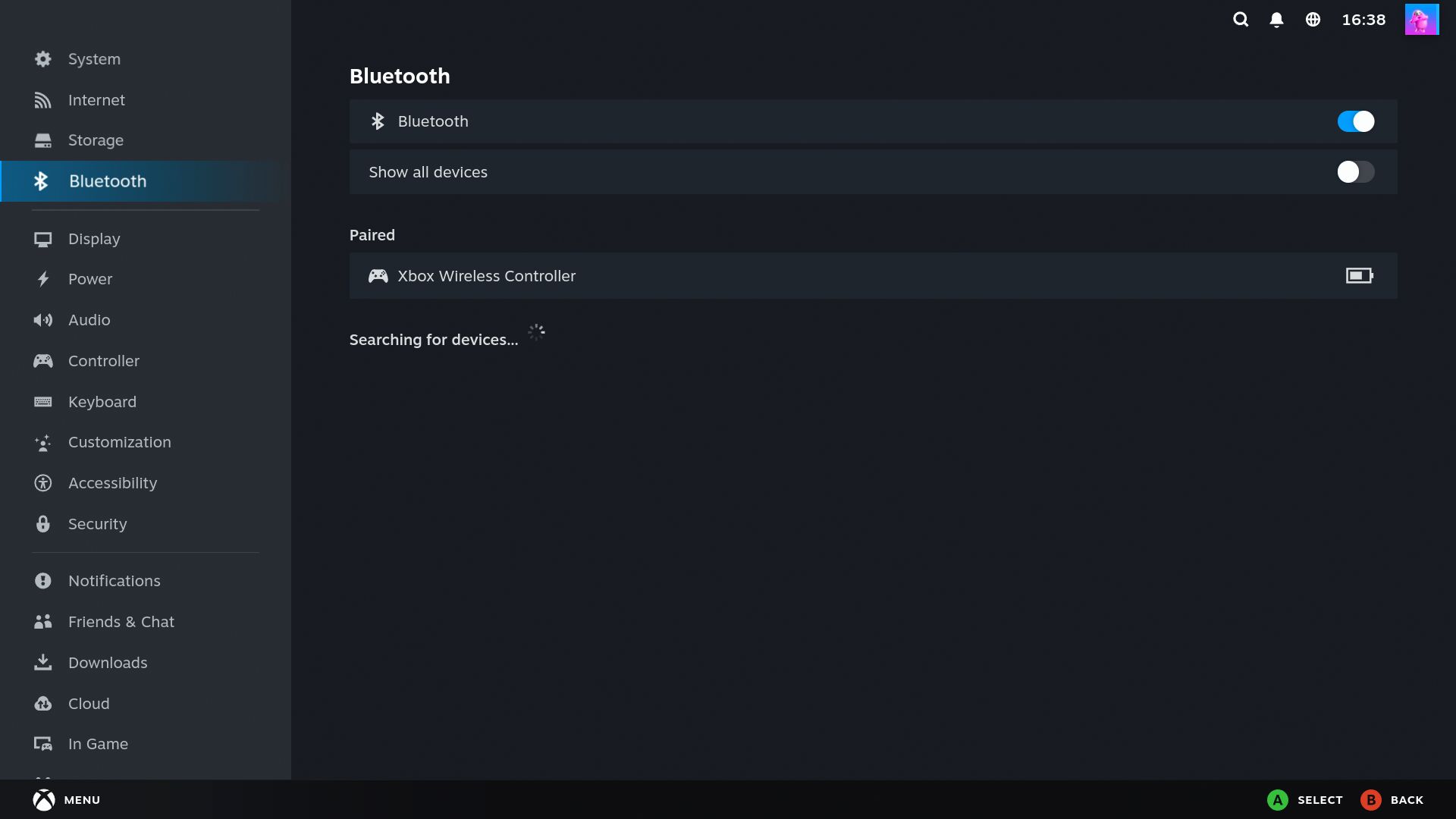 Xbox controller connected in Steam inside a ChimeraOS VM, bridged from the Proxmox host's Bluetooth chip